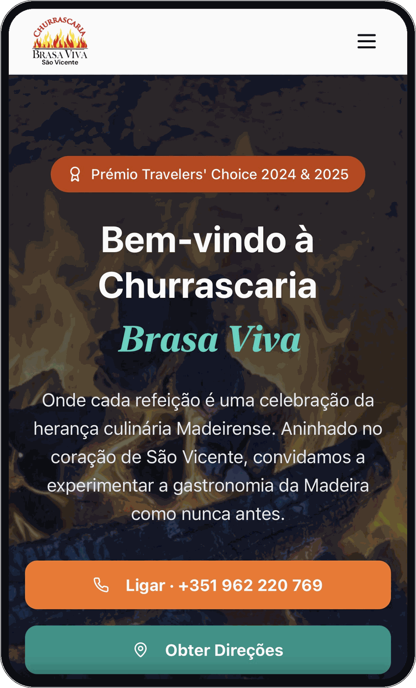 Site brasaviva.pt em telemóvel, página inicial, desenvolvido pela Madeira Originals